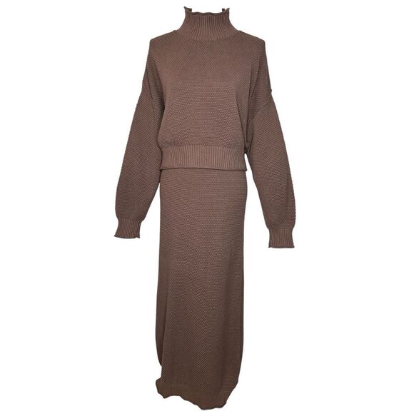 Free People Hailee Sweater Skirt Set M Brown Mock Neck Cropped Pullover Midi - Picture 5 of 13